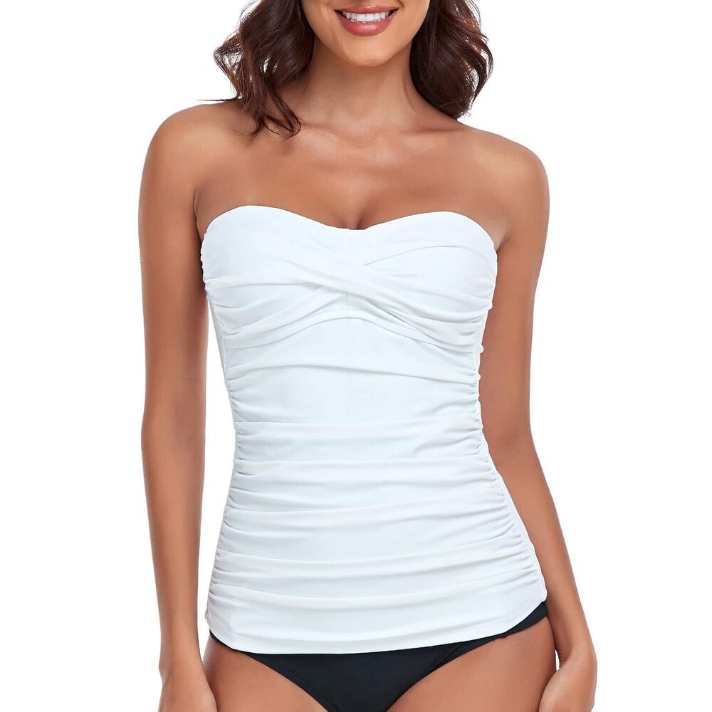 White Ruched Tankini Top Women Medium Swimsuit